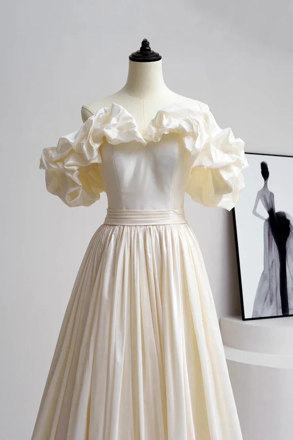 Wholesale Champagne Satin Floor Length Prom Dress Off the Shoulder A-Line Evening Party Dress